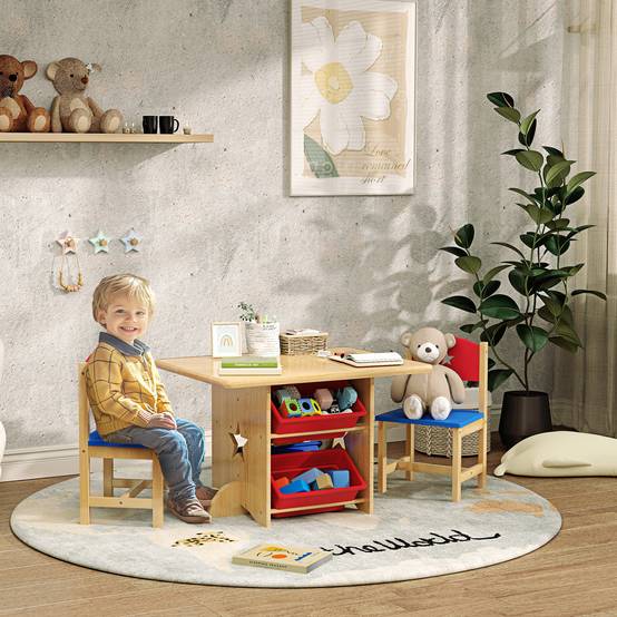 Table enfant avec 2 chaises ensemble 3 pièces bois avec 4 bacs rangement, bois naturel - Image 3