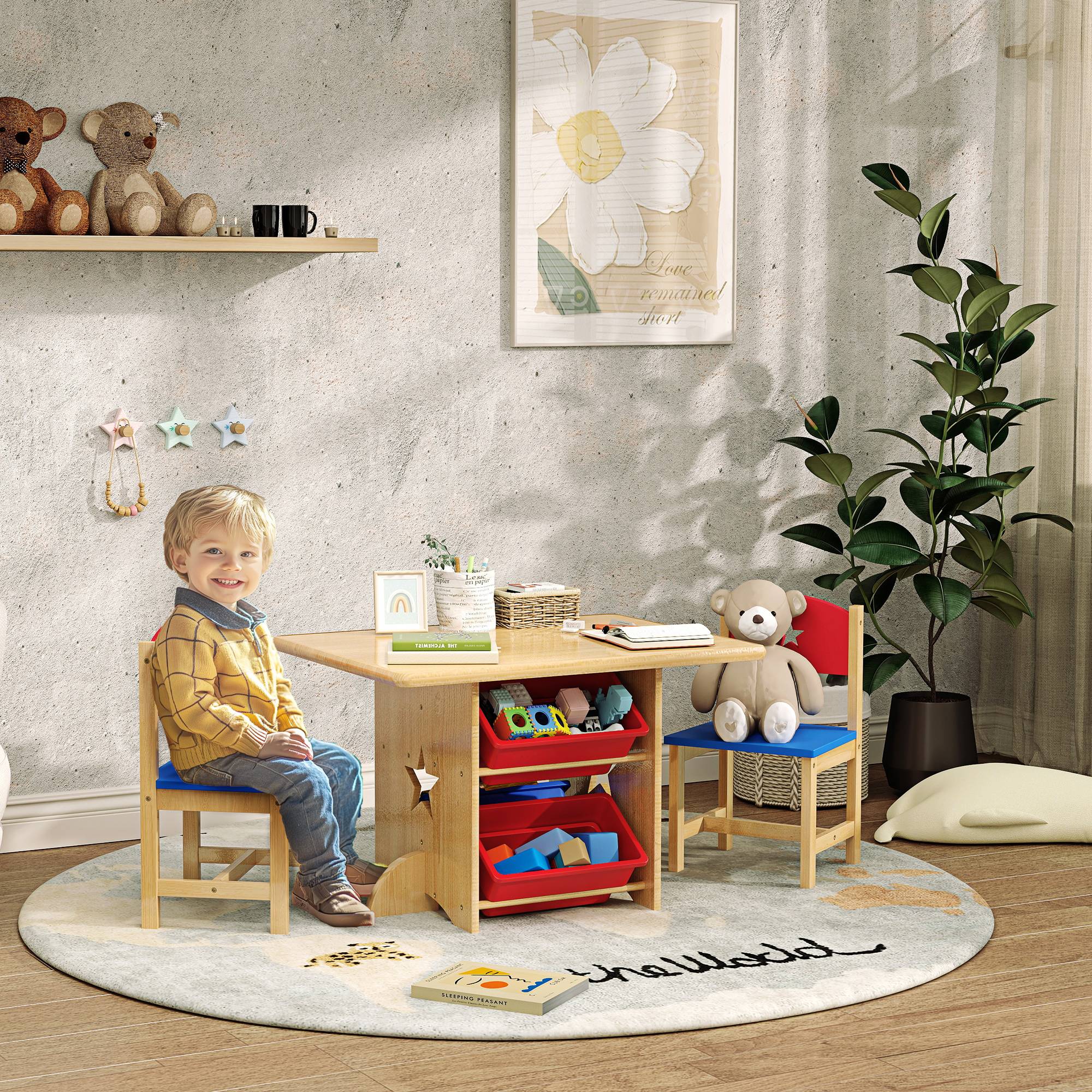 Table enfant avec 2 chaises ensemble 3 pièces bois avec 4 bacs rangement, bois naturel - Image 3