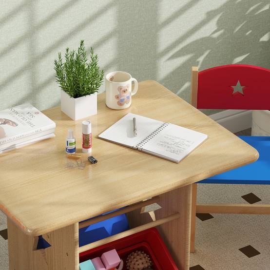 Table enfant avec 2 chaises ensemble 3 pièces bois avec 4 bacs rangement, bois naturel - Image 10