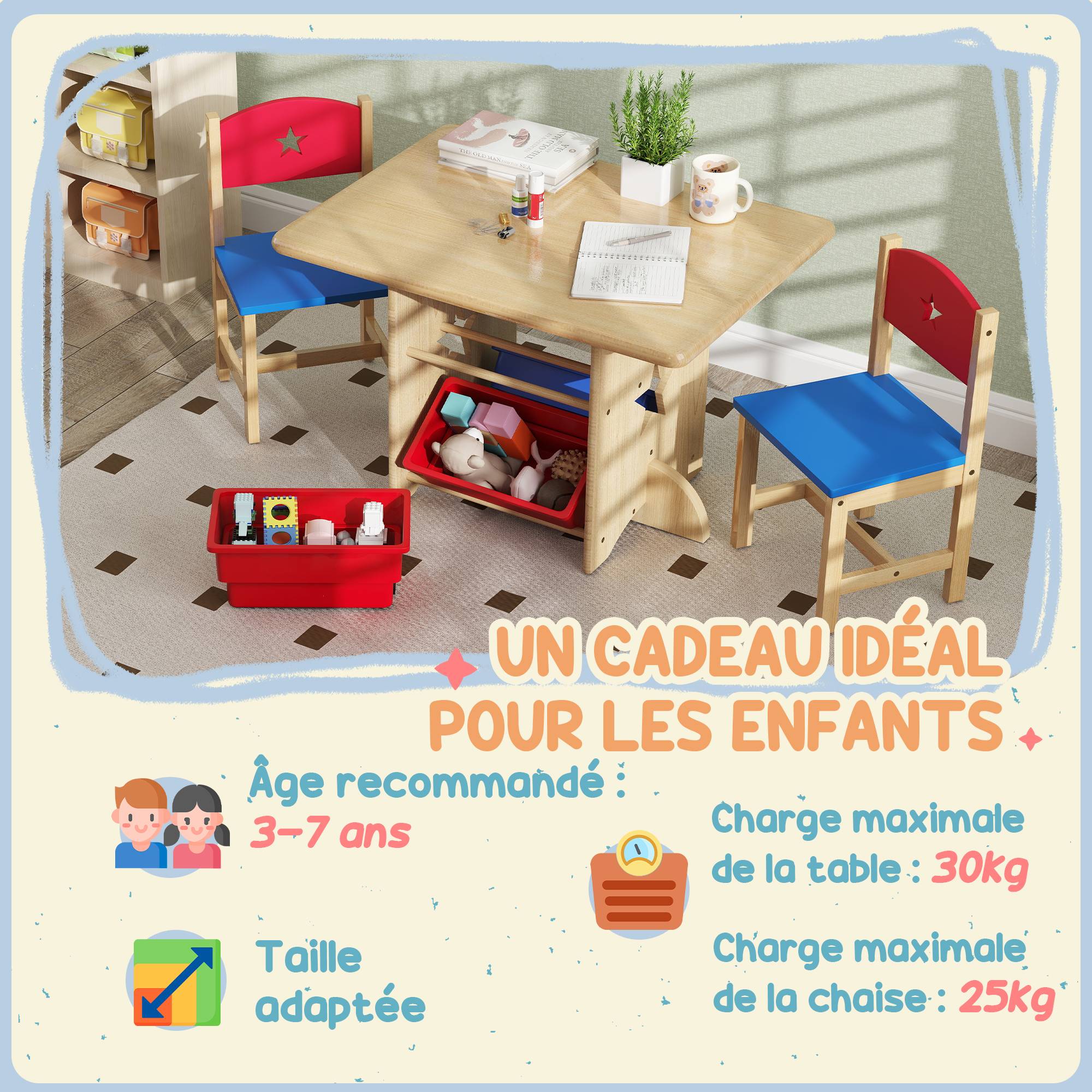 Table enfant avec 2 chaises ensemble 3 pièces bois avec 4 bacs rangement, bois naturel - Image 8