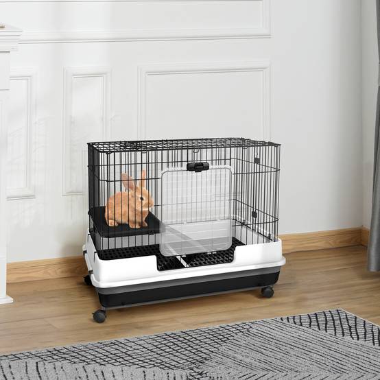 Cage lapins métal pour cobayes avec plateforme sur roulettes 81x53x70cm noir et gris - ComfortXL Outdoor Living - Image 3