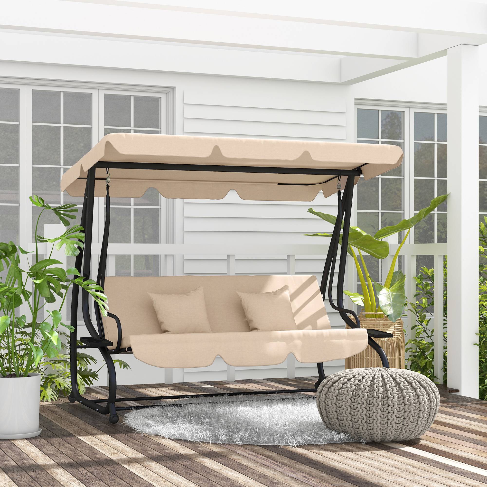 Balancelle lit de jardin 3 places acier convertible avec plateaux marron clair - ComfortXL Outdoor Living - Image 3