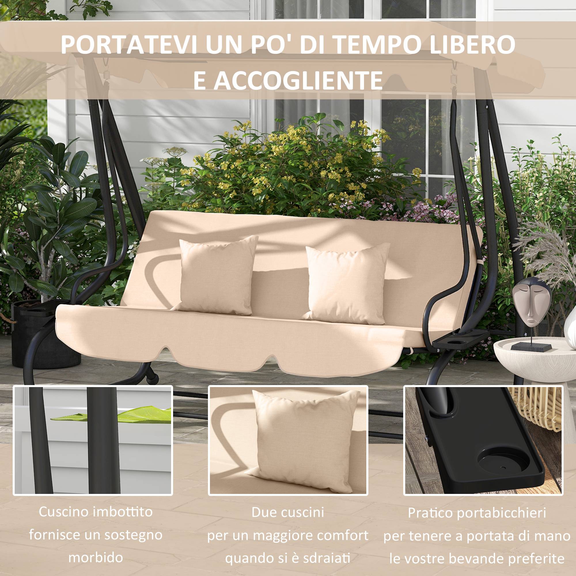Balancelle lit de jardin 3 places acier convertible avec plateaux marron clair - ComfortXL Outdoor Living - Image 9