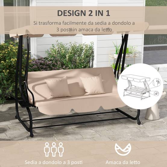 Balancelle lit de jardin 3 places acier convertible avec plateaux marron clair - ComfortXL Outdoor Living - Image 6