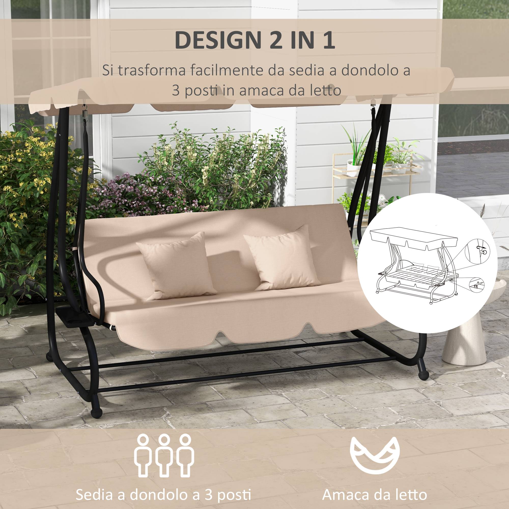 Balancelle lit de jardin 3 places acier convertible avec plateaux marron clair - ComfortXL Outdoor Living - Image 6