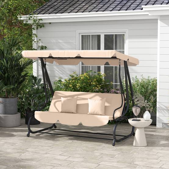 Balancelle lit de jardin 3 places acier convertible avec plateaux marron clair - ComfortXL Outdoor Living - Image 4