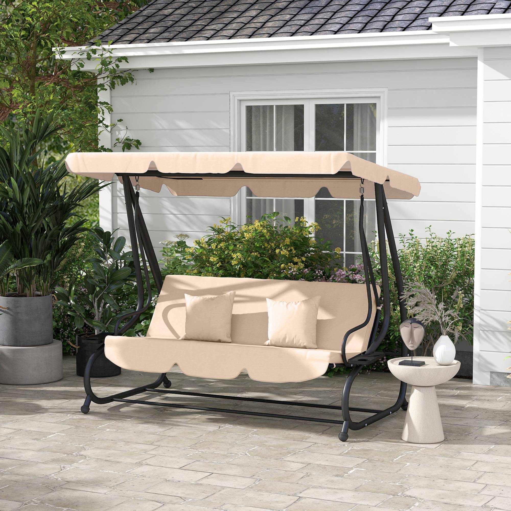 Balancelle lit de jardin 3 places acier convertible avec plateaux marron clair - ComfortXL Outdoor Living - Image 4