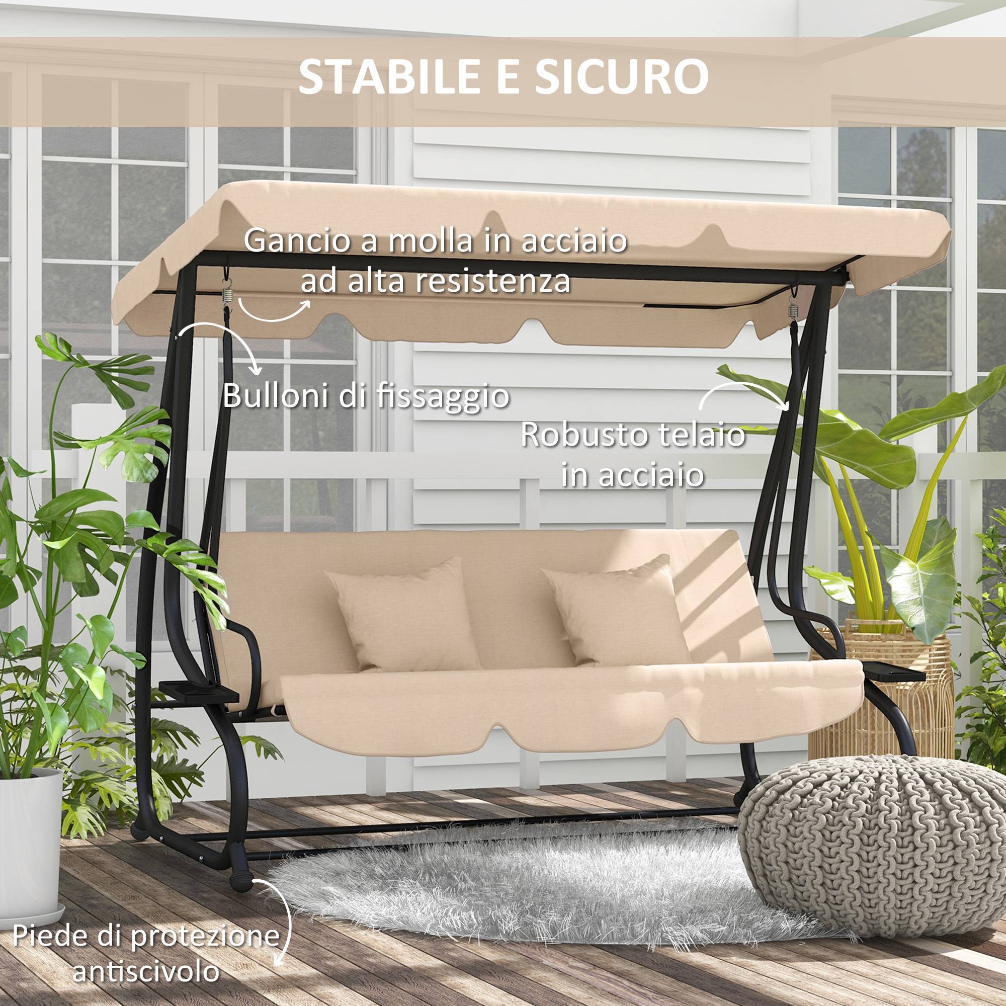 Balancelle lit de jardin 3 places acier convertible avec plateaux marron clair - ComfortXL Outdoor Living - Image 8