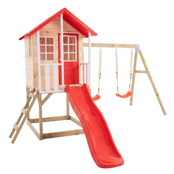 Maisonnette modulable sur pilotis avec balcon, glissière et deux balançoires COQUELICOT en bois FSC® - Image 2