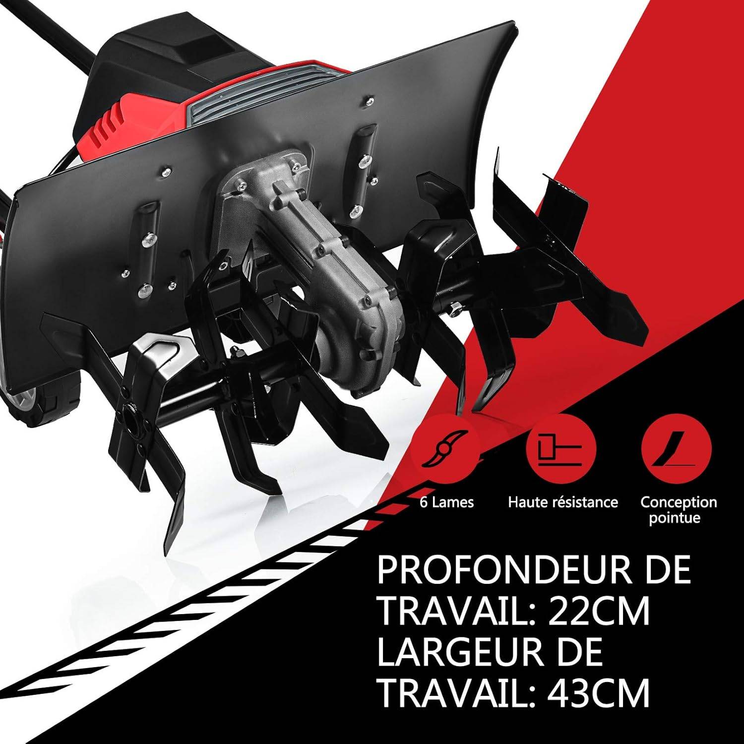Motobineuse motoculteur électrique 1500w profondeur travail 22cm largeur 43cm réglables 6 lames - Image 2