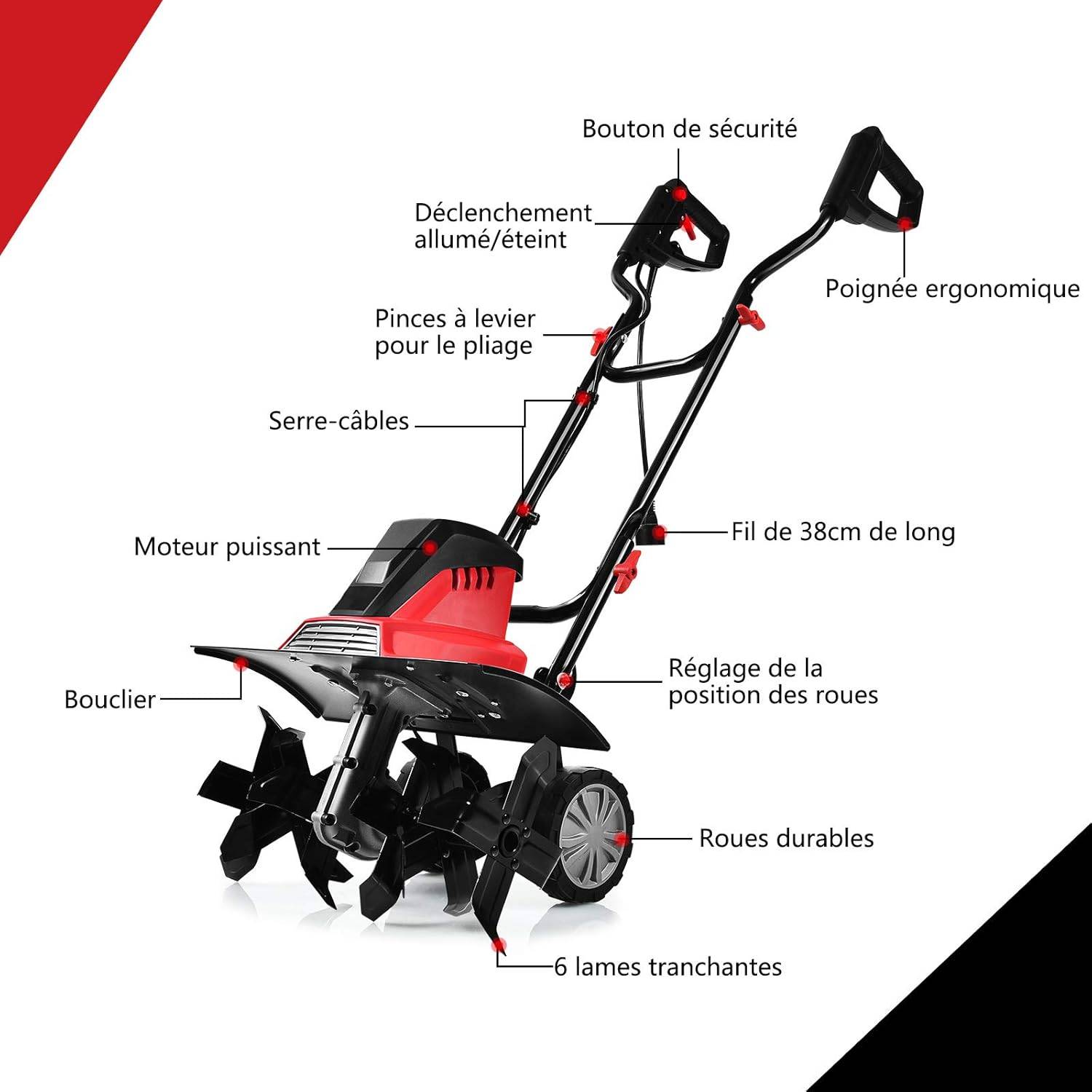 Motobineuse motoculteur électrique 1500w profondeur travail 22cm largeur 43cm réglables 6 lames - Image 4