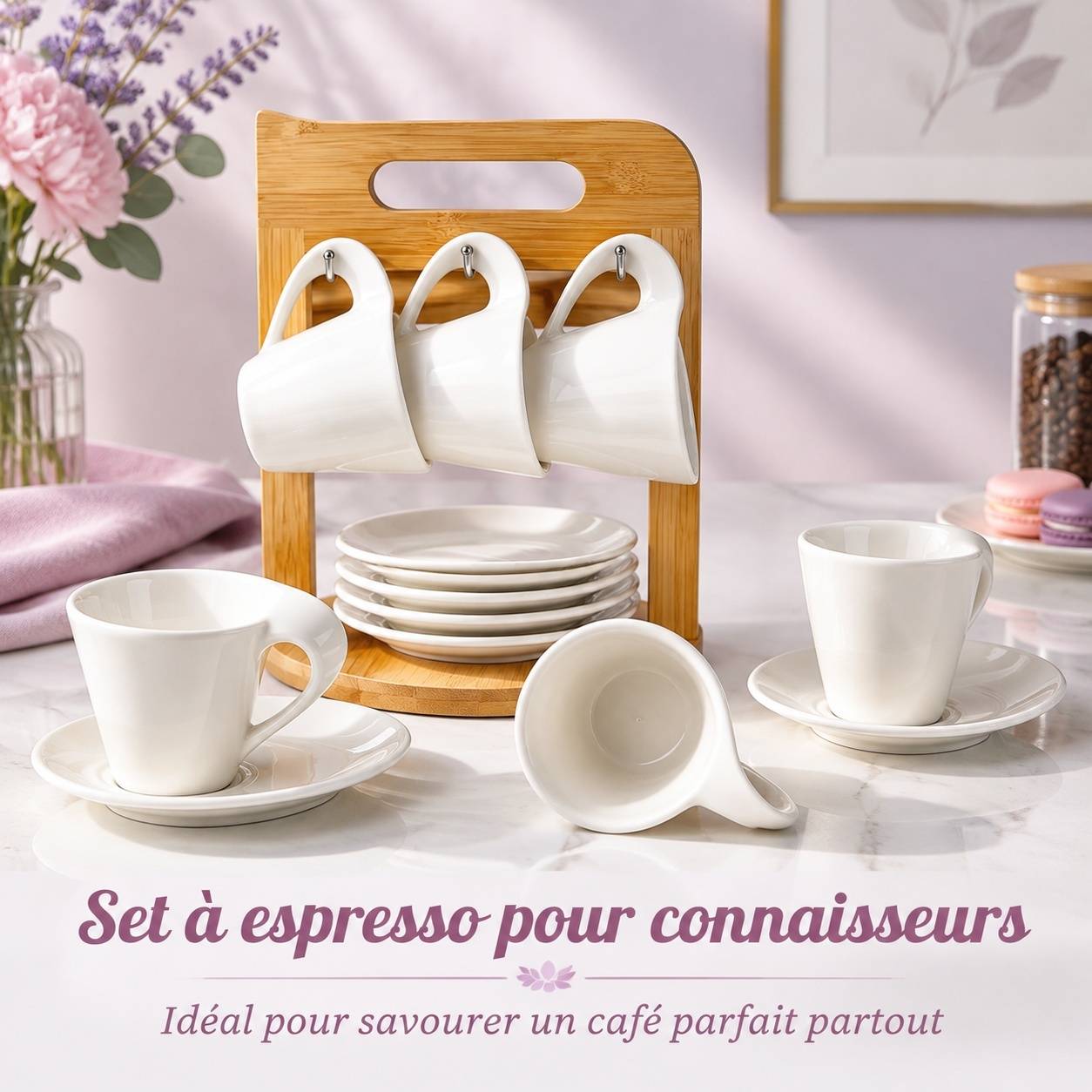 Service à Espresso 6 Tasses Porcelaine avec Support - Image 6