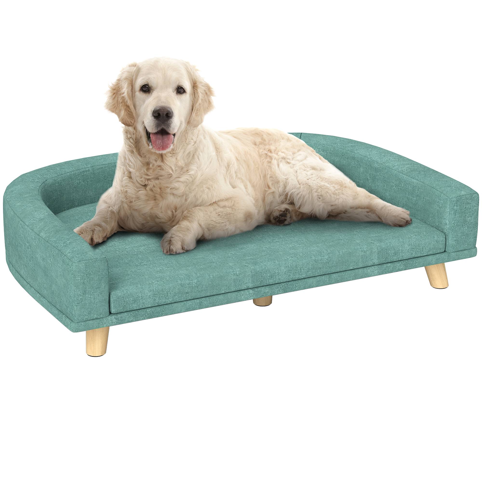 Canapé pour chien grand lit surélevé pour chien coussin lavable cadre en bois tissu polyester 98 x 67 x 25 cm vert clair