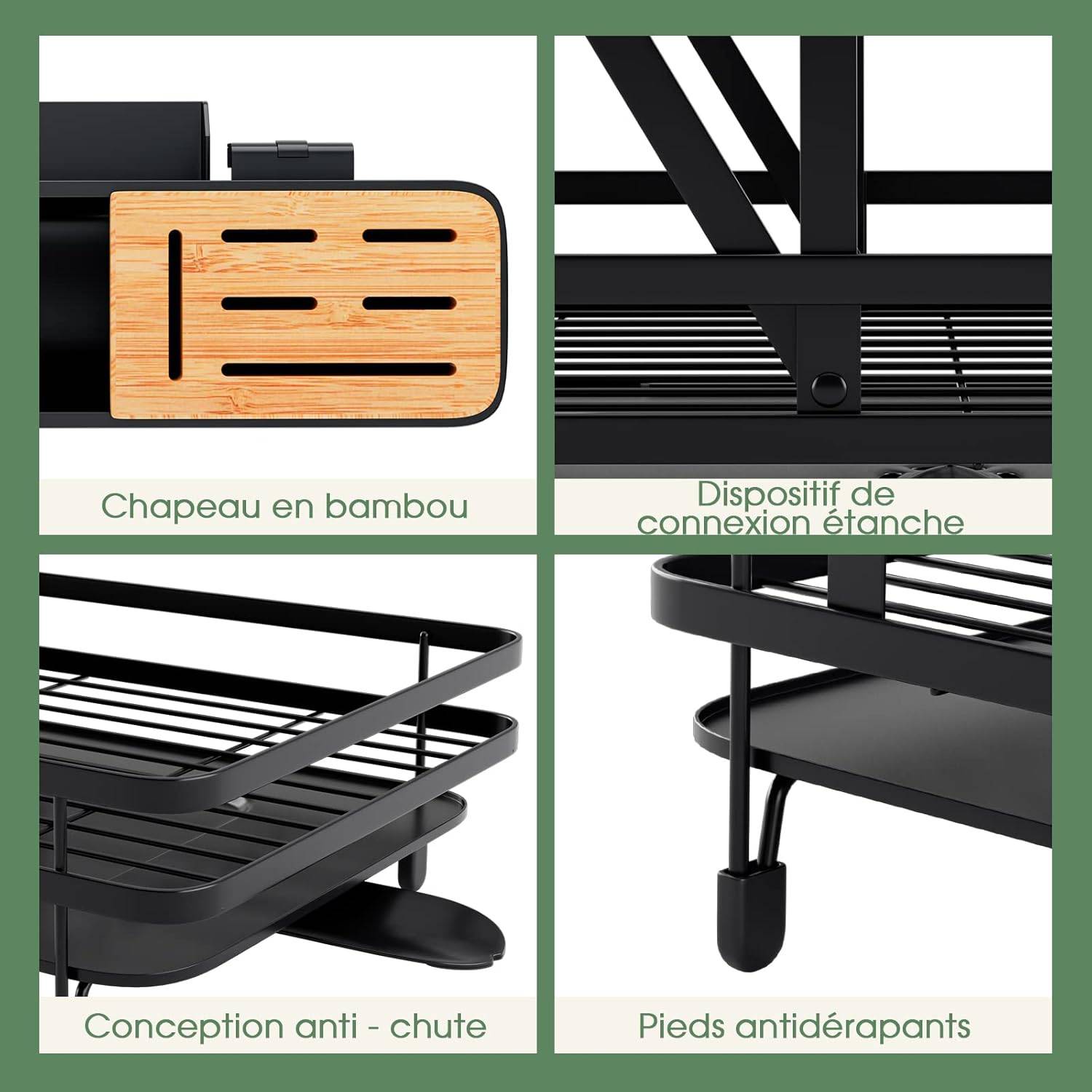 Égouttoir à Vaisselle Cuisine Niveau Supérieur Détachable, Porte-Vaisselle Antirouille 3 Bac de Récupération Amovible 58x42x37cm - Image 6