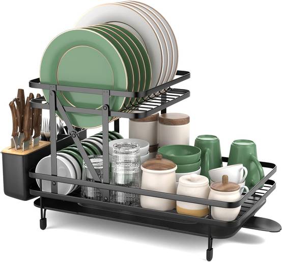 Égouttoir à Vaisselle Cuisine Niveau Supérieur Détachable, Porte-Vaisselle Antirouille 3 Bac de Récupération Amovible 58x42x37cm - Image 1
