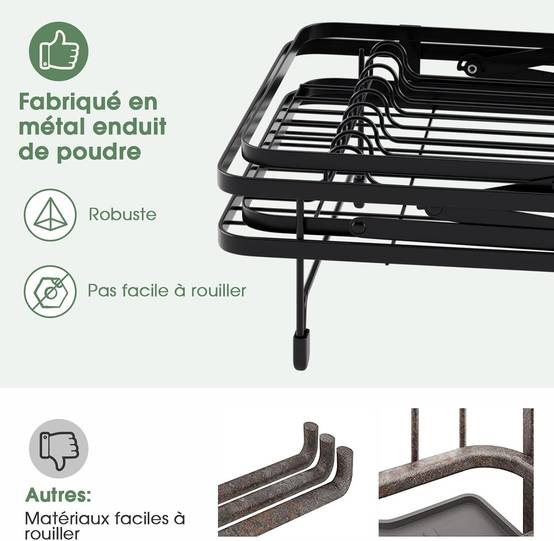 Égouttoir à Vaisselle Cuisine Niveau Supérieur Détachable, Porte-Vaisselle Antirouille 3 Bac de Récupération Amovible 58x42x37cm - Image 5