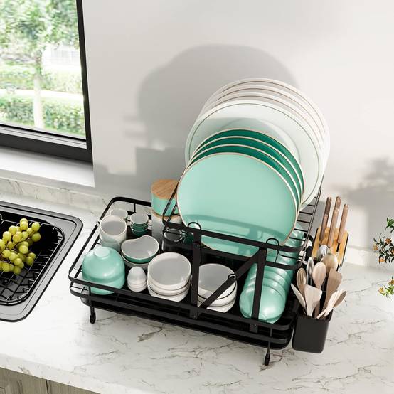 Égouttoir à Vaisselle Cuisine Niveau Supérieur Détachable, Porte-Vaisselle Antirouille 3 Bac de Récupération Amovible 58x42x37cm - Image 9