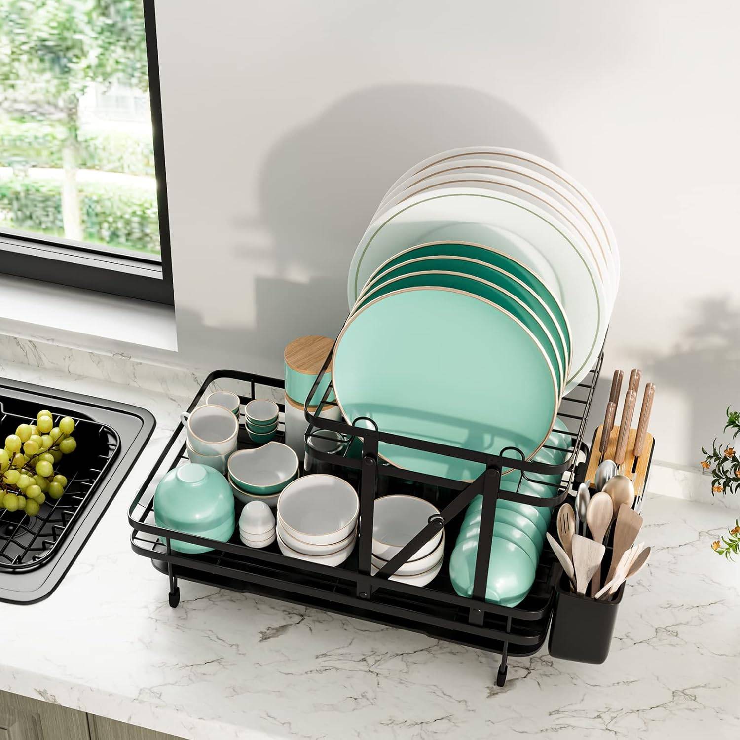 Égouttoir à Vaisselle Cuisine Niveau Supérieur Détachable, Porte-Vaisselle Antirouille 3 Bac de Récupération Amovible 58x42x37cm - Image 9