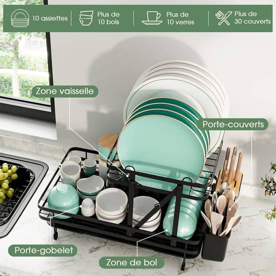 Égouttoir à Vaisselle Cuisine Niveau Supérieur Détachable, Porte-Vaisselle Antirouille 3 Bac de Récupération Amovible 58x42x37cm - Image 8