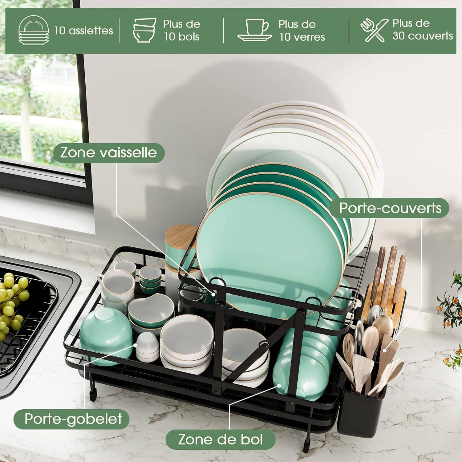 Égouttoir à Vaisselle Cuisine Niveau Supérieur Détachable, Porte-Vaisselle Antirouille 3 Bac de Récupération Amovible 58x42x37cm - Image 8
