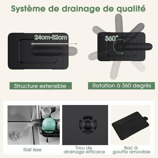 Égouttoir à Vaisselle Cuisine Niveau Supérieur Détachable, Porte-Vaisselle Antirouille 3 Bac de Récupération Amovible 58x42x37cm - Image 3