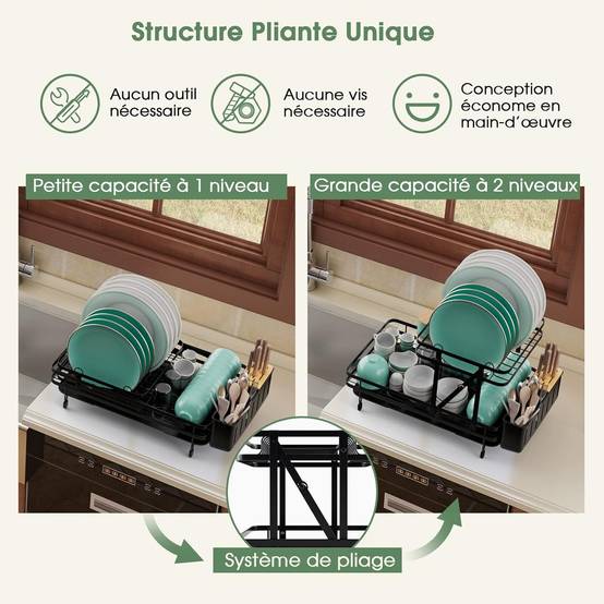 Égouttoir à Vaisselle Cuisine Niveau Supérieur Détachable, Porte-Vaisselle Antirouille 3 Bac de Récupération Amovible 58x42x37cm - Image 7