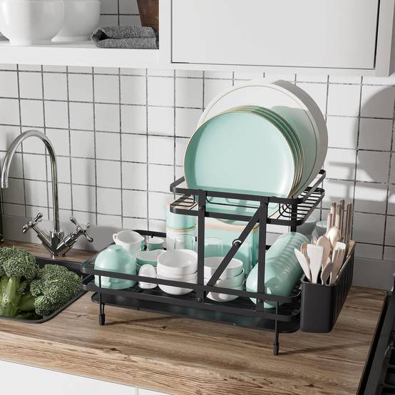 Égouttoir à Vaisselle Cuisine Niveau Supérieur Détachable, Porte-Vaisselle Antirouille 3 Bac de Récupération Amovible 58x42x37cm - Image 2