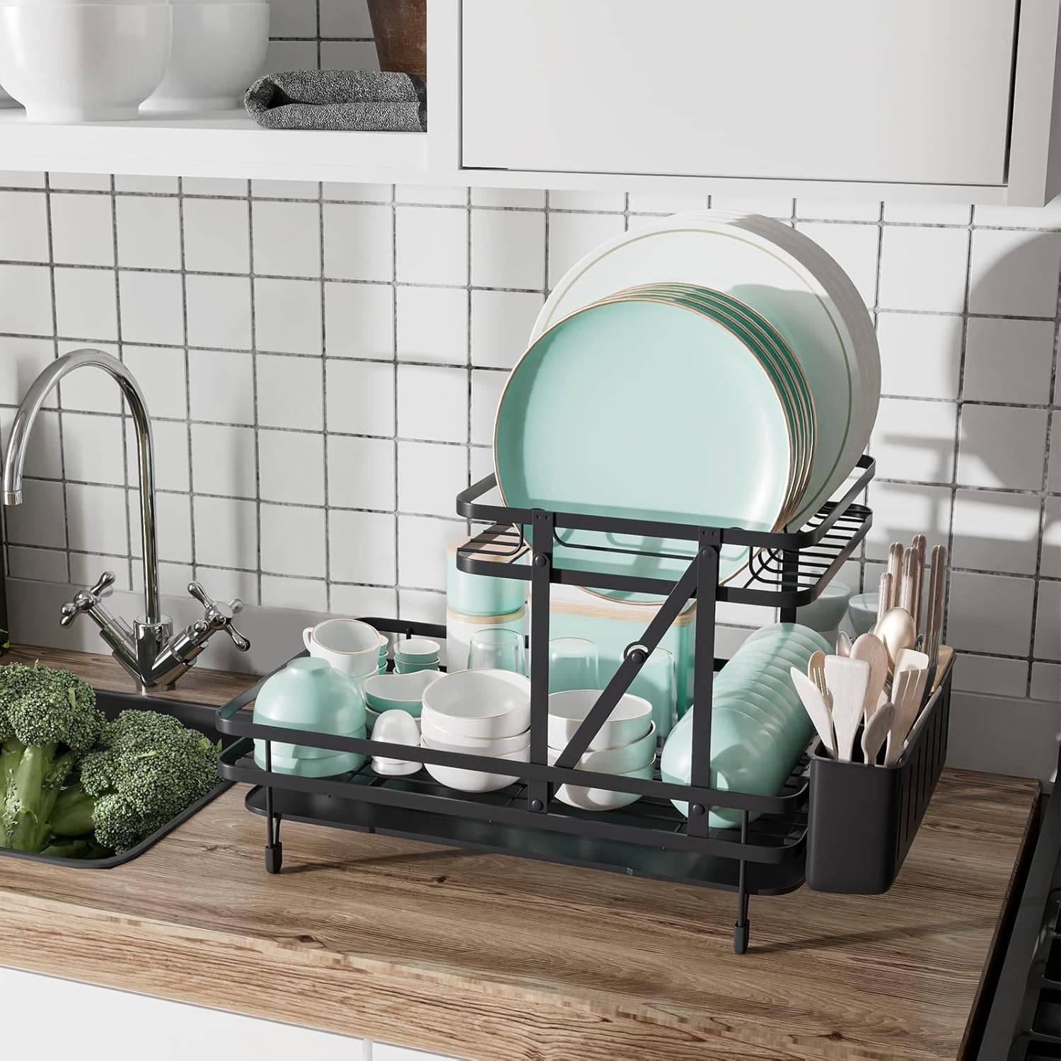 Égouttoir à Vaisselle Cuisine Niveau Supérieur Détachable, Porte-Vaisselle Antirouille 3 Bac de Récupération Amovible 58x42x37cm - Image 2