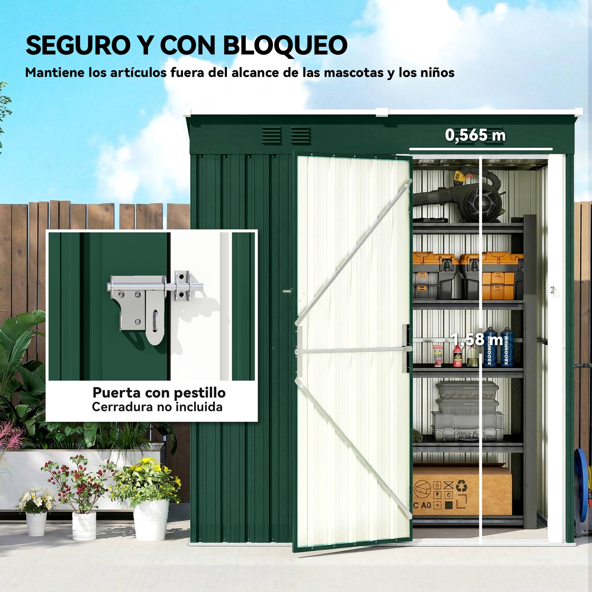 Abri de jardin extérieur 1,37 m² (163 x 90 x 179 cm) avec porte à loquet et aérations, vert - Image 9