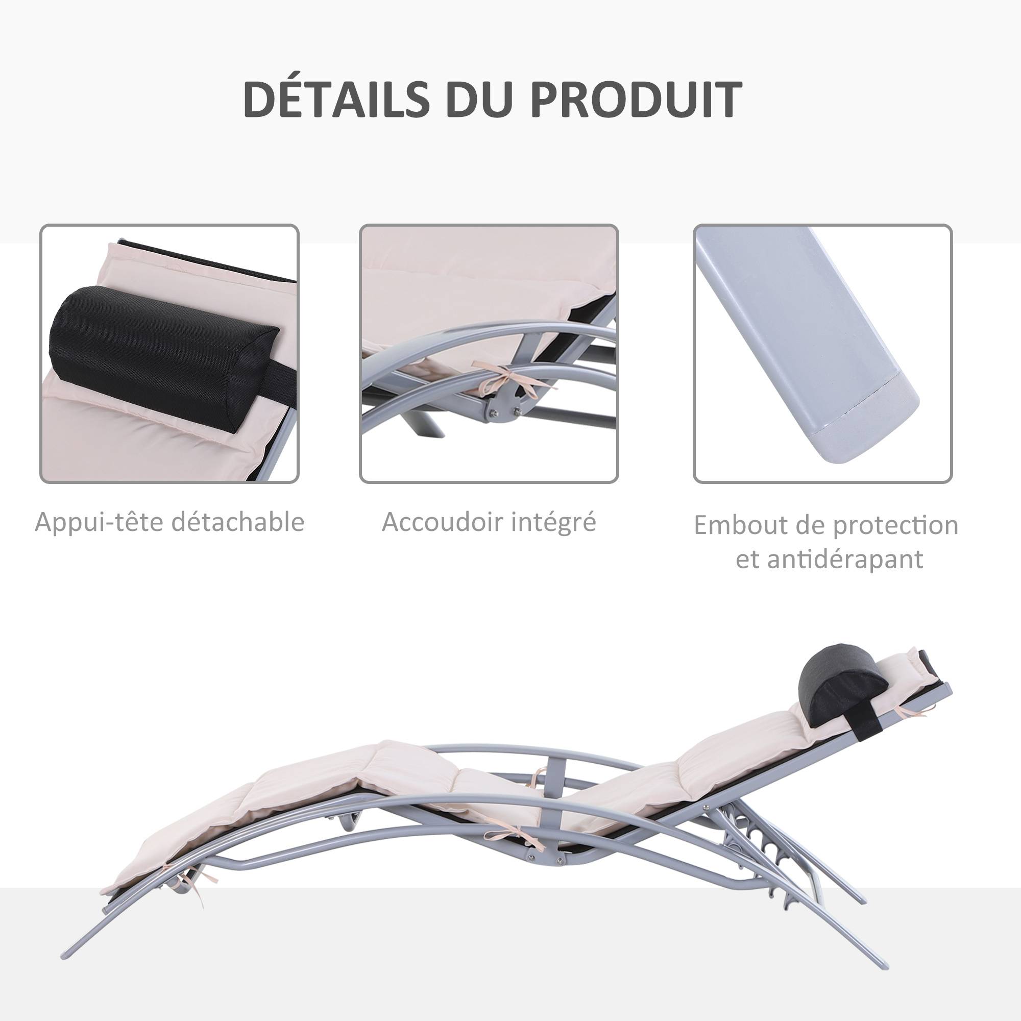 Outsunny - Bain de soleil transat design contemporain inclinable multi-positions avec matelas et tétière dim. 170L x 64l x 82H cm alu textilène beige - Outsunny - Imagen 6