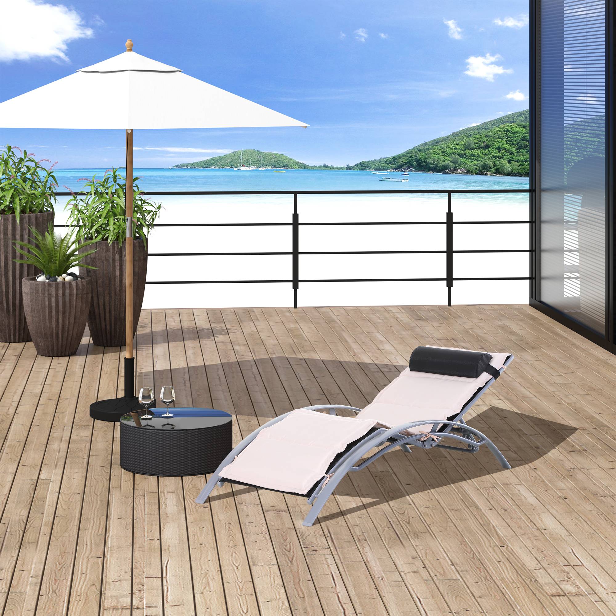 Outsunny - Bain de soleil transat design contemporain inclinable multi-positions avec matelas et tétière dim. 170L x 64l x 82H cm alu textilène beige - Outsunny - Imagen 2