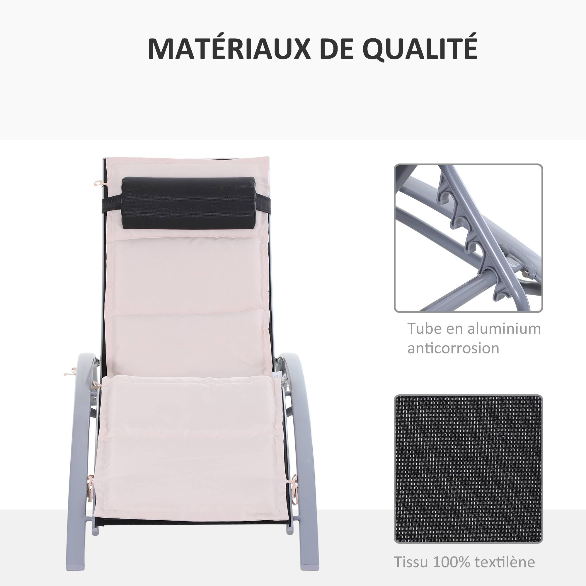 Outsunny - Bain de soleil transat design contemporain inclinable multi-positions avec matelas et tétière dim. 170L x 64l x 82H cm alu textilène beige - Outsunny - Imagen 4