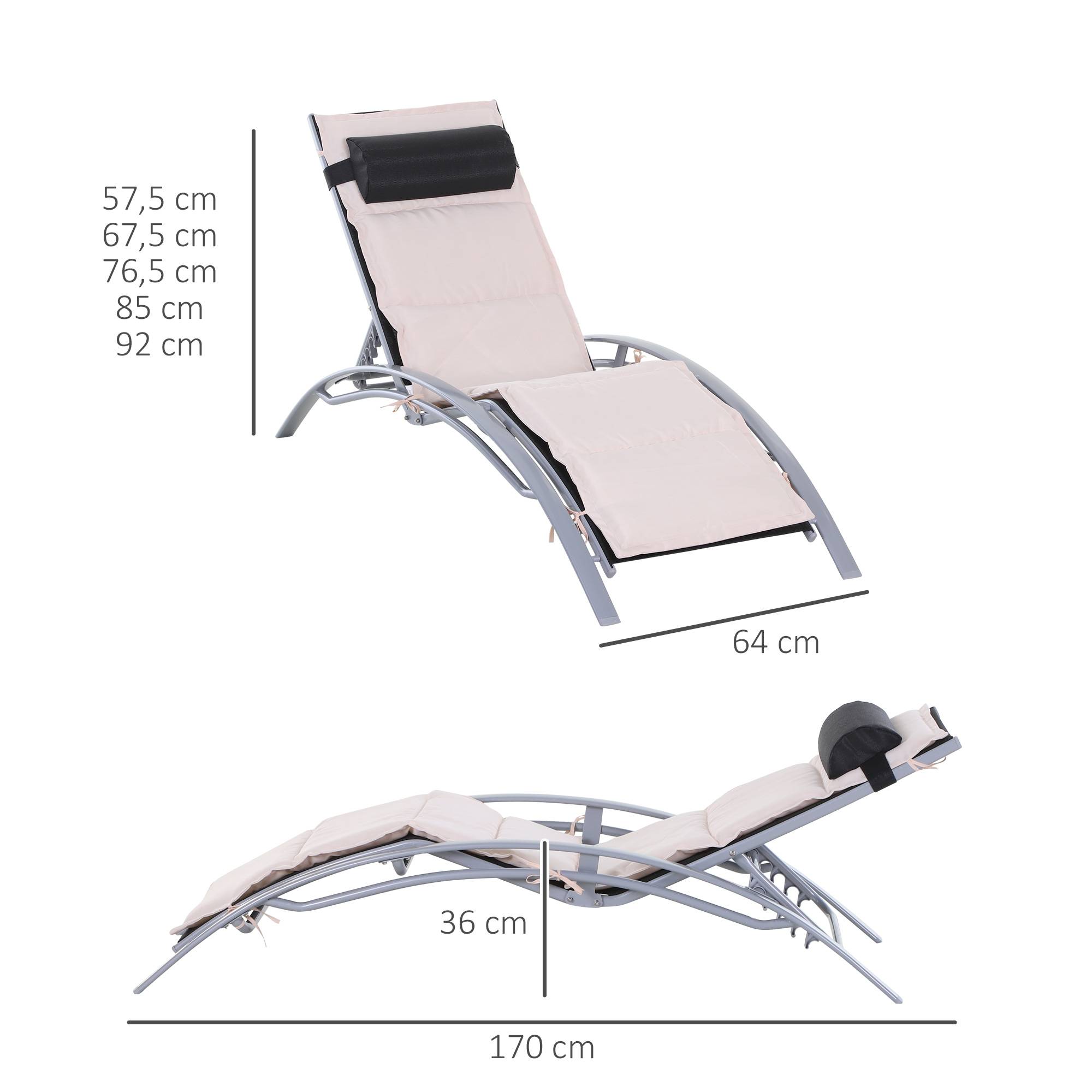 Outsunny - Bain de soleil transat design contemporain inclinable multi-positions avec matelas et tétière dim. 170L x 64l x 82H cm alu textilène beige - Outsunny - Imagen 3