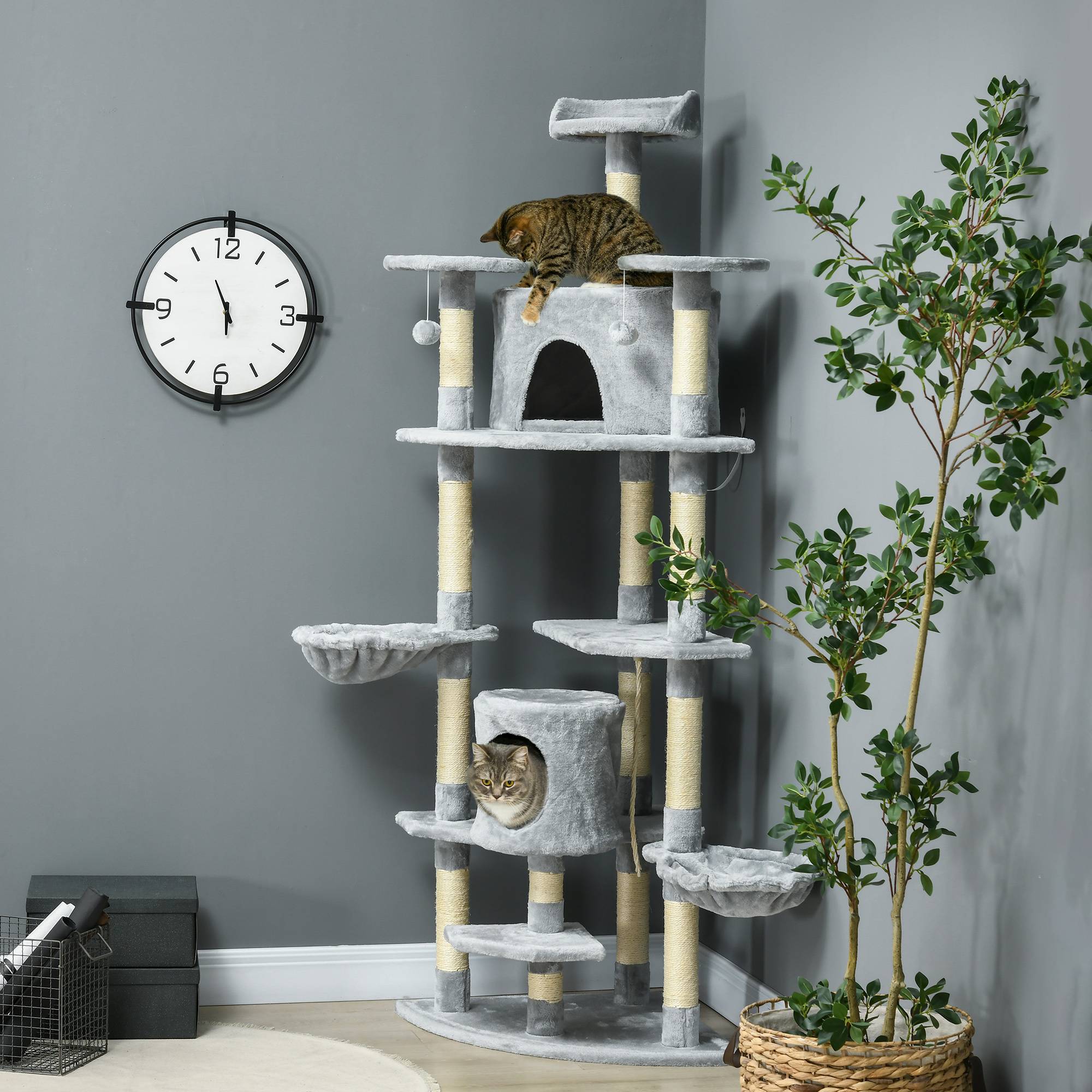 Arbre à chat PawHut 2 hamacs 2 niches jouets corde sisal peluche gris clair - Image 4