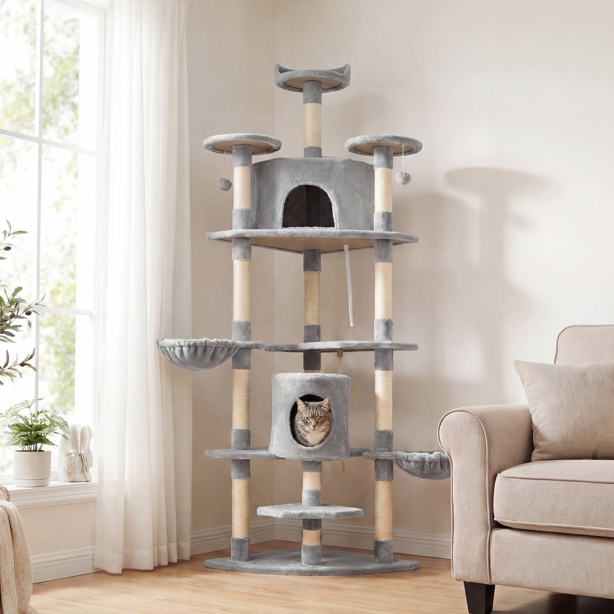 Arbre à chat PawHut 2 hamacs 2 niches jouets corde sisal peluche gris clair - Image 3