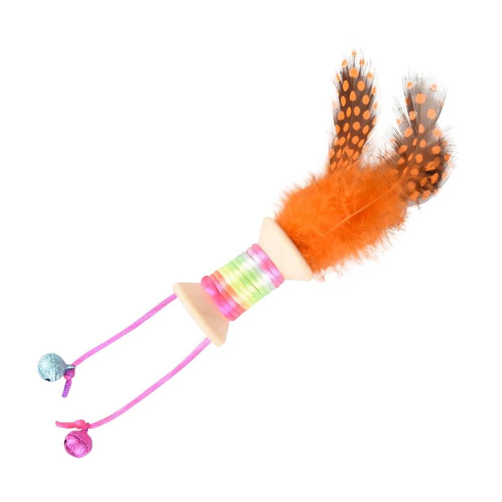 Jouet 1 bobine en bois avec plume, grelot 18 x 3 cm. jouet pour chat. couleur aléatoire. - Imagen 3