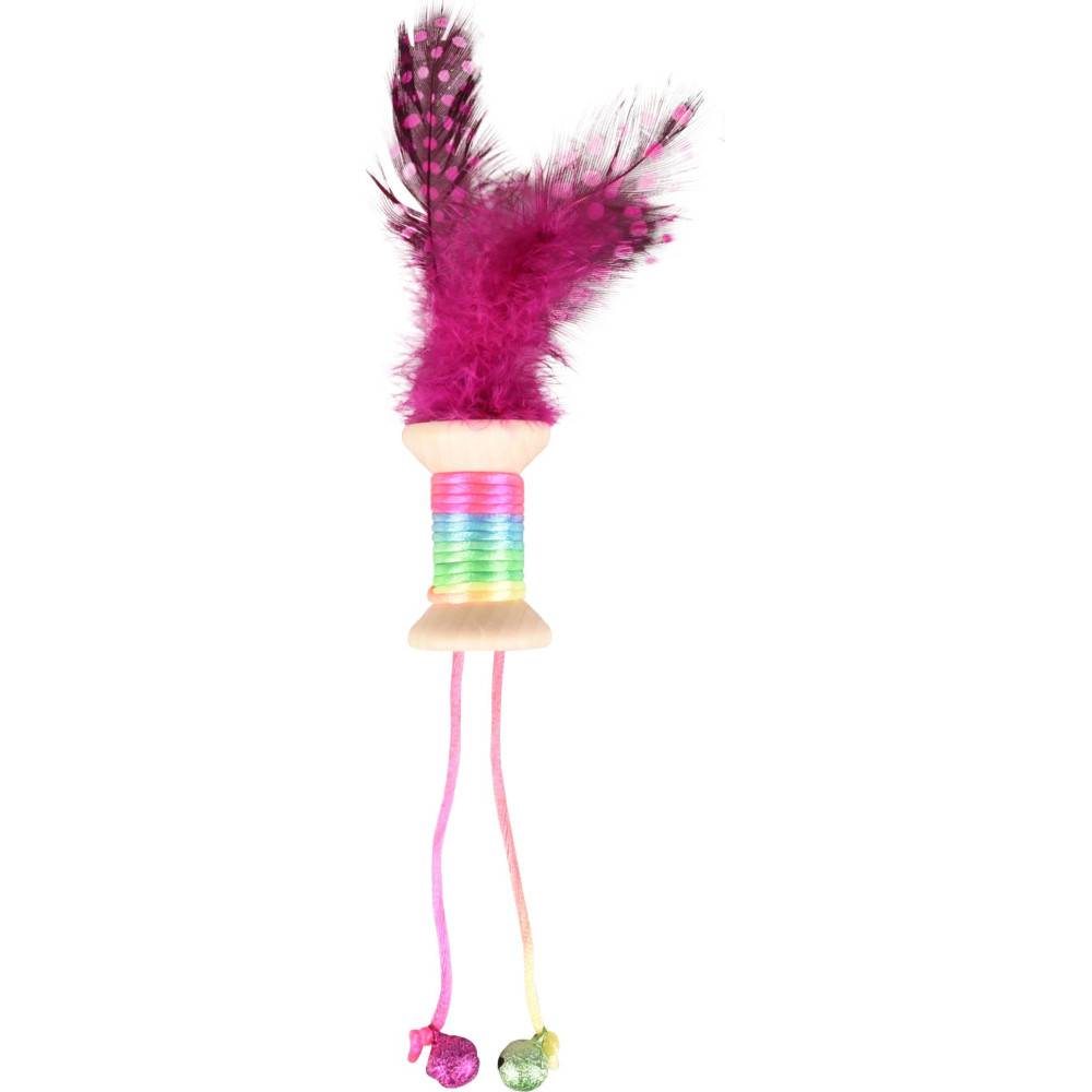 Jouet 1 bobine en bois avec plume, grelot 18 x 3 cm. jouet pour chat. couleur aléatoire. - Imagen 5