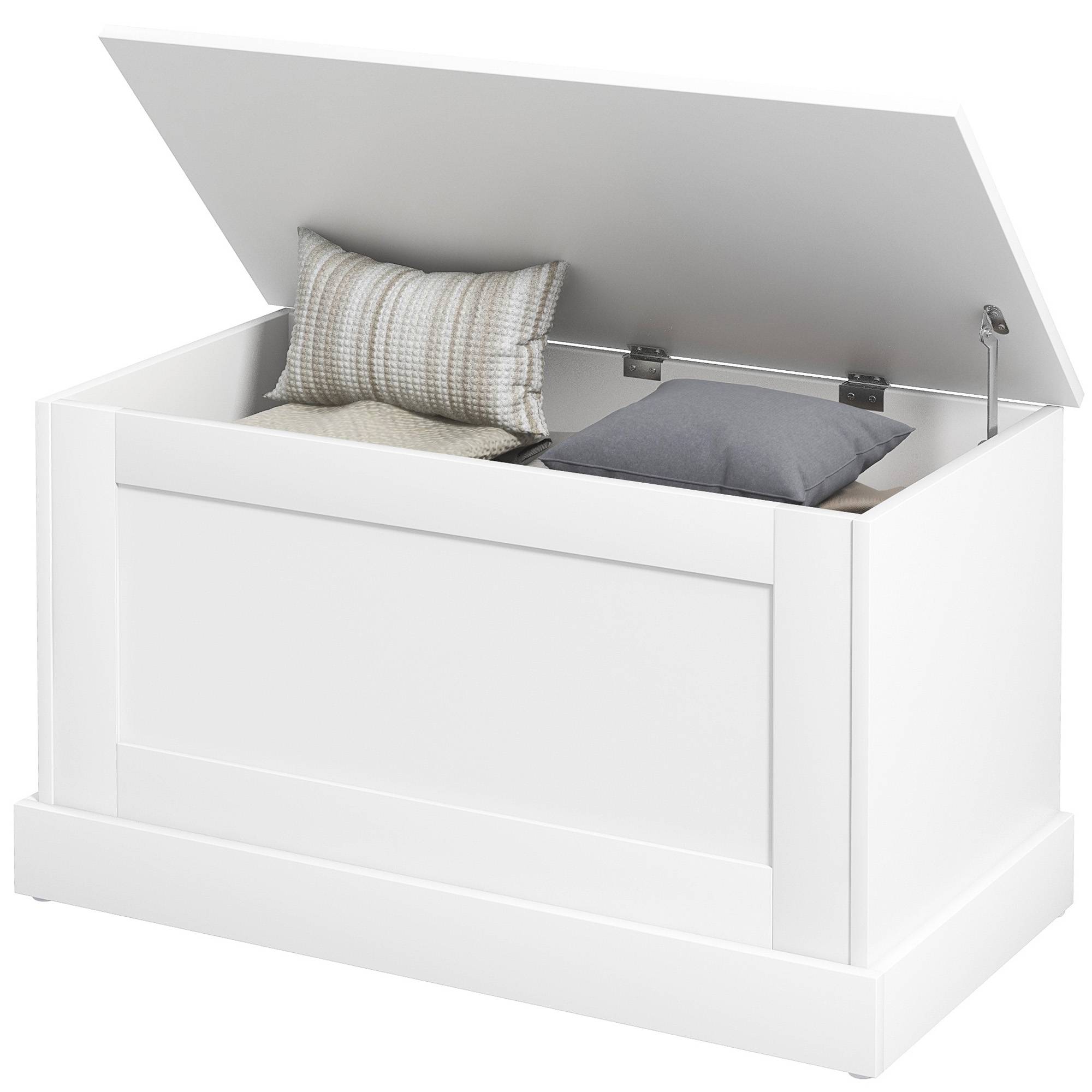 Coffre rangement bois avec charnières sécurité, banc coffre à jouets multifonction salon chambre blanc - Image 2