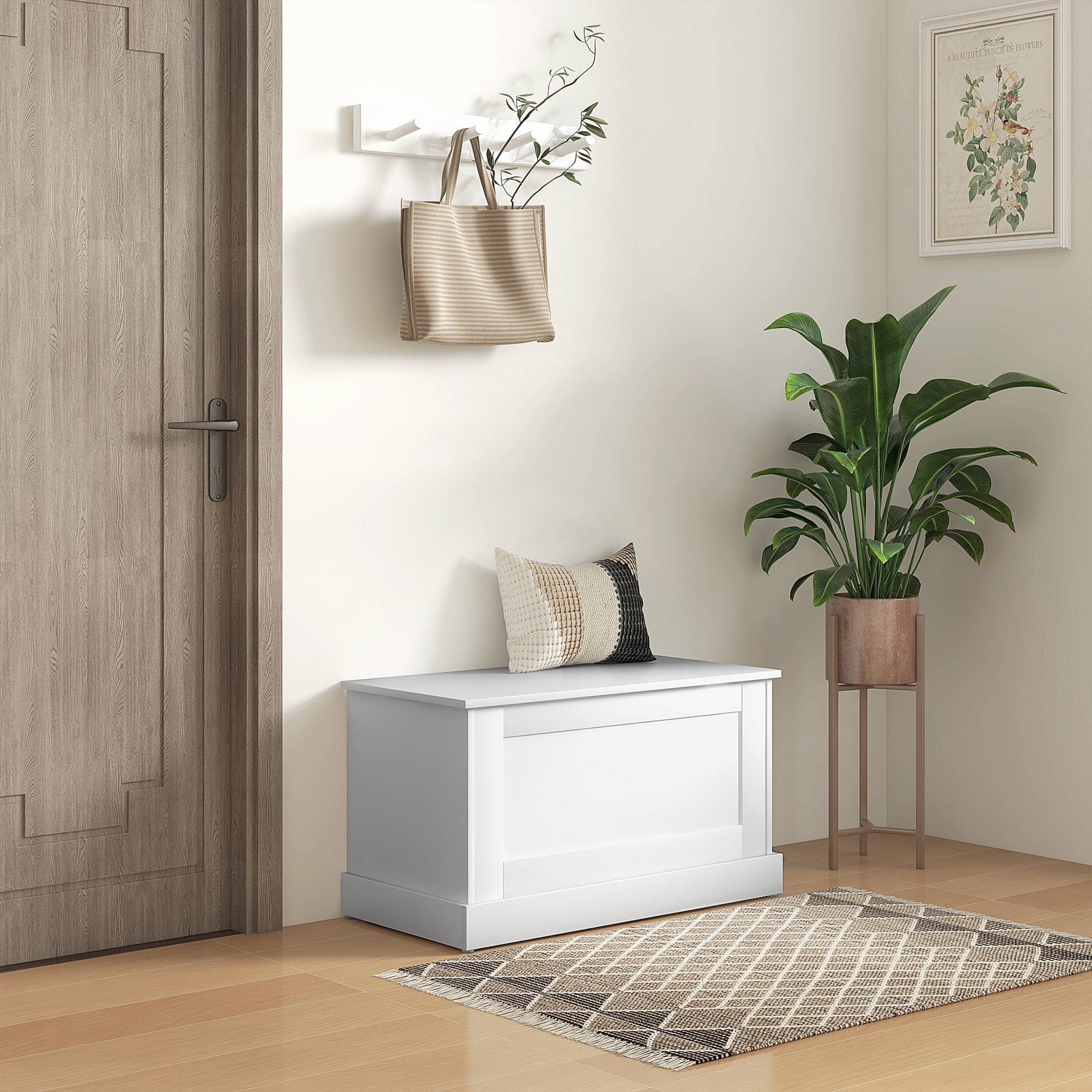 Coffre rangement bois avec charnières sécurité, banc coffre à jouets multifonction salon chambre blanc - Image 3