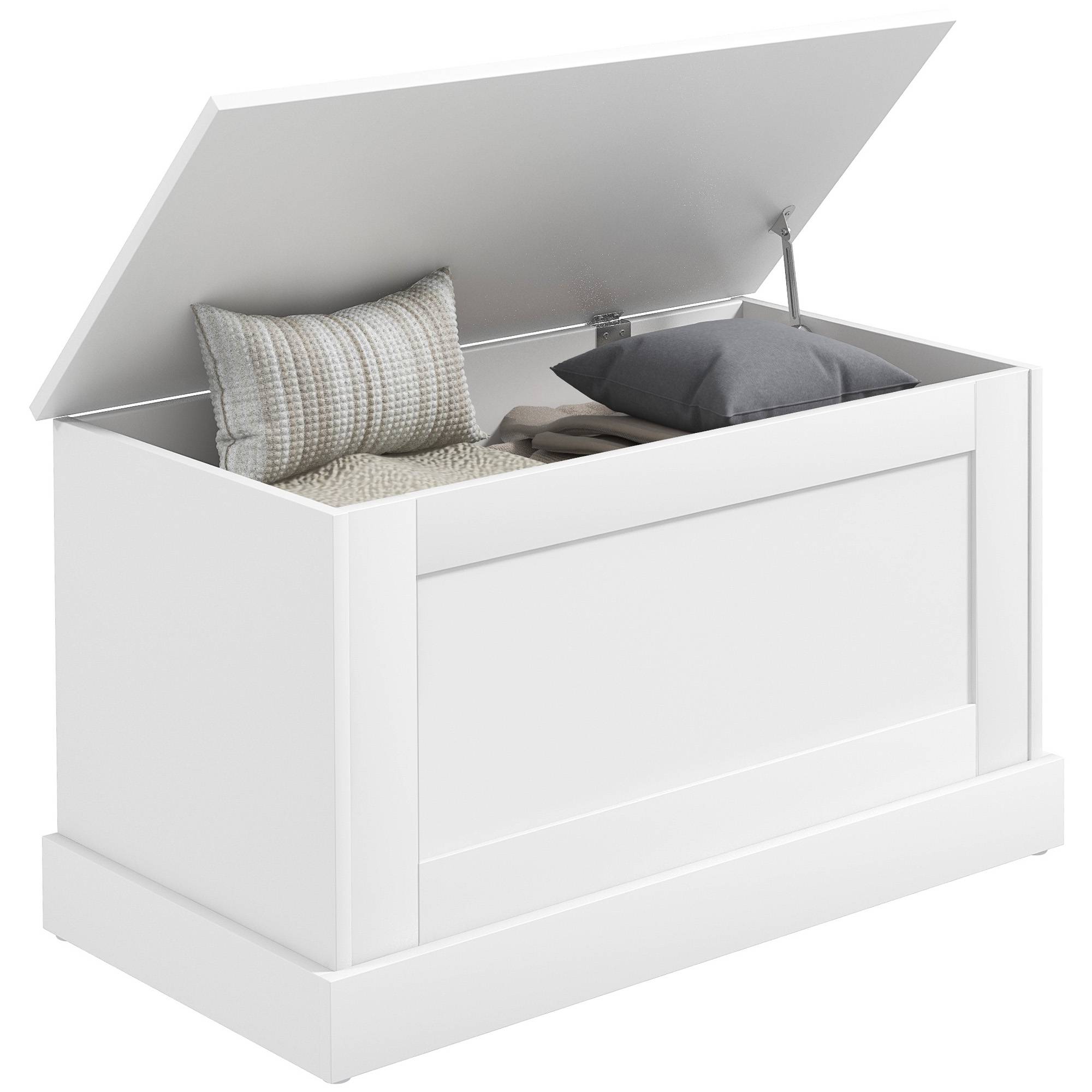 Coffre rangement bois avec charnières sécurité, banc coffre à jouets multifonction salon chambre blanc - Image 1