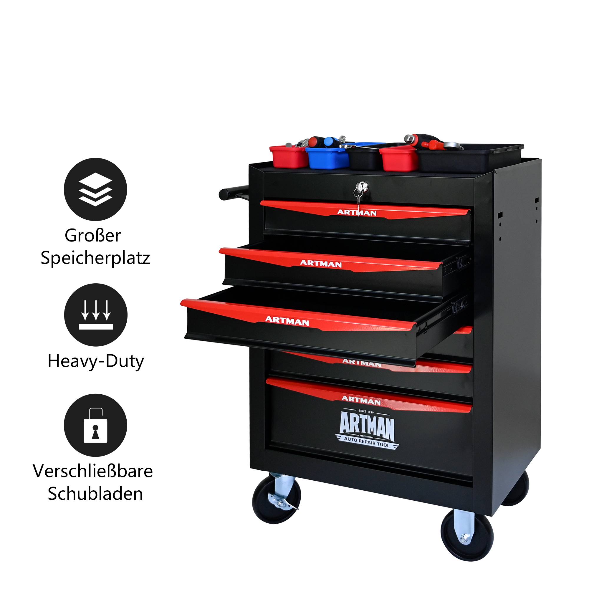 Servante d'atelier acier 6 tiroirs mobile pour garage Noir et Rouge – ComfortXL Outdoor Living - Image 6