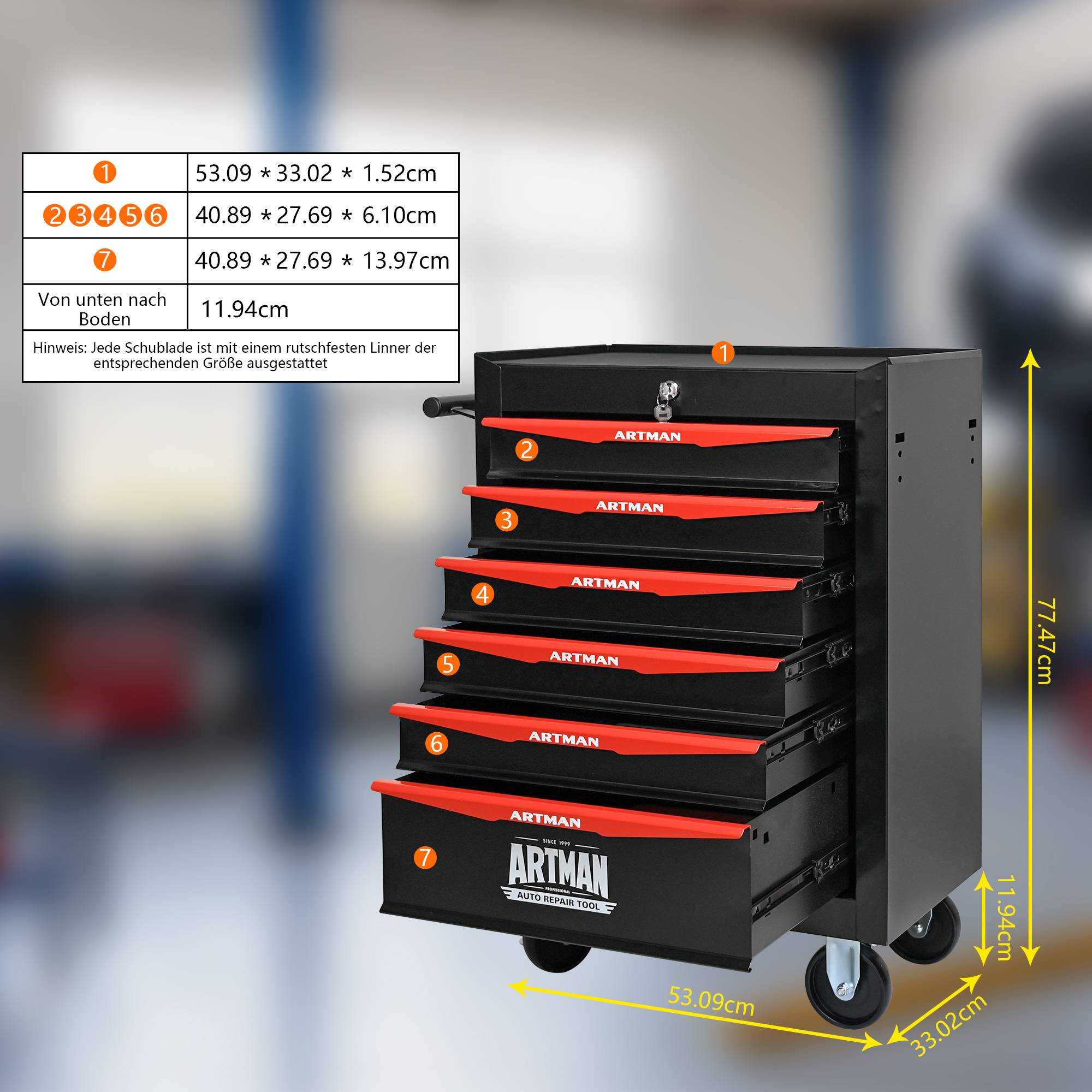 Servante d'atelier acier 6 tiroirs mobile pour garage Noir et Rouge – ComfortXL Outdoor Living - Image 1