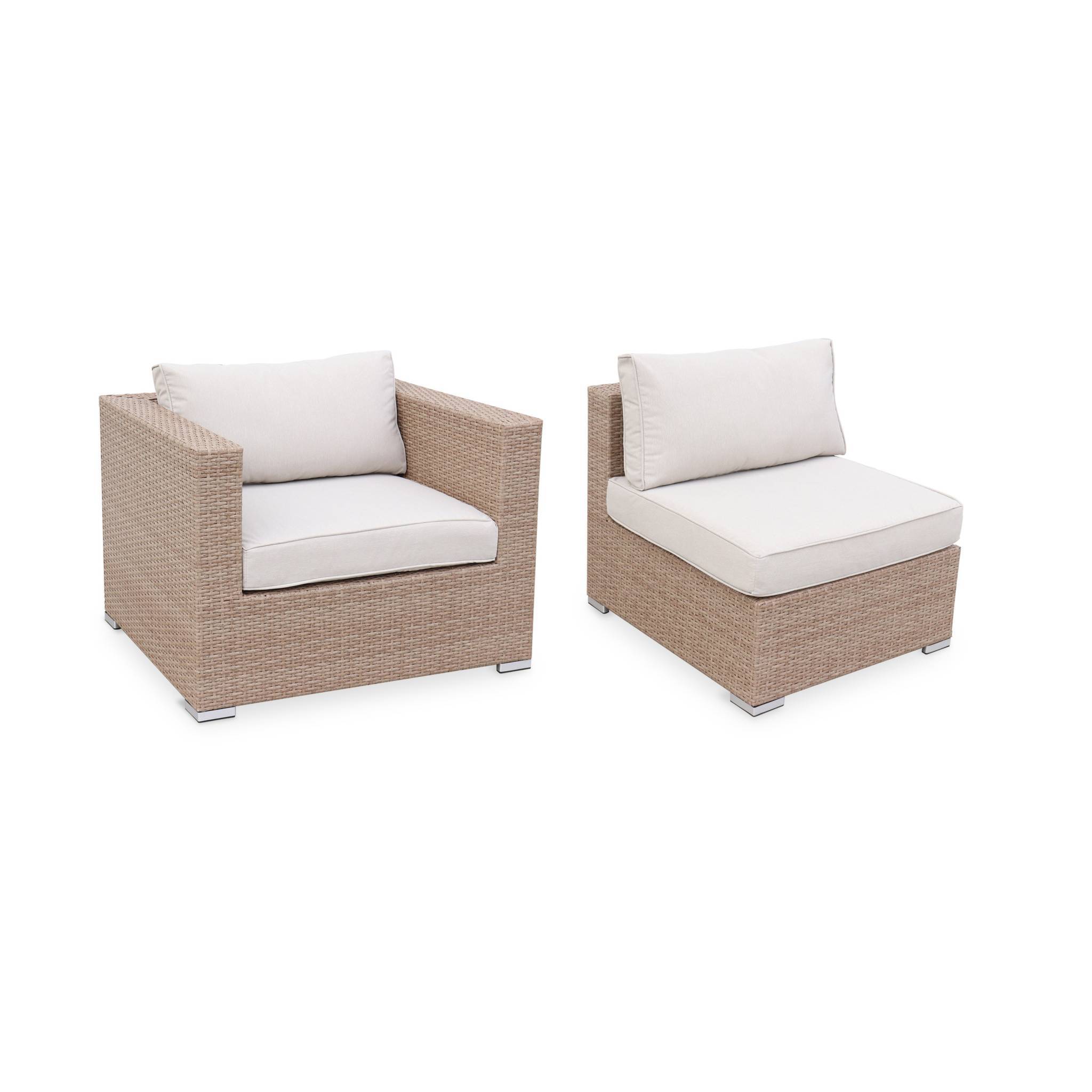 Salon de jardin en résine tressée - Caligari - Beige. Coussins beige - 5 places - 1 fauteuil. 1 fauteuil sans accoudoir. 1 pouf. 2 fauteuils | sweeek - Image 3