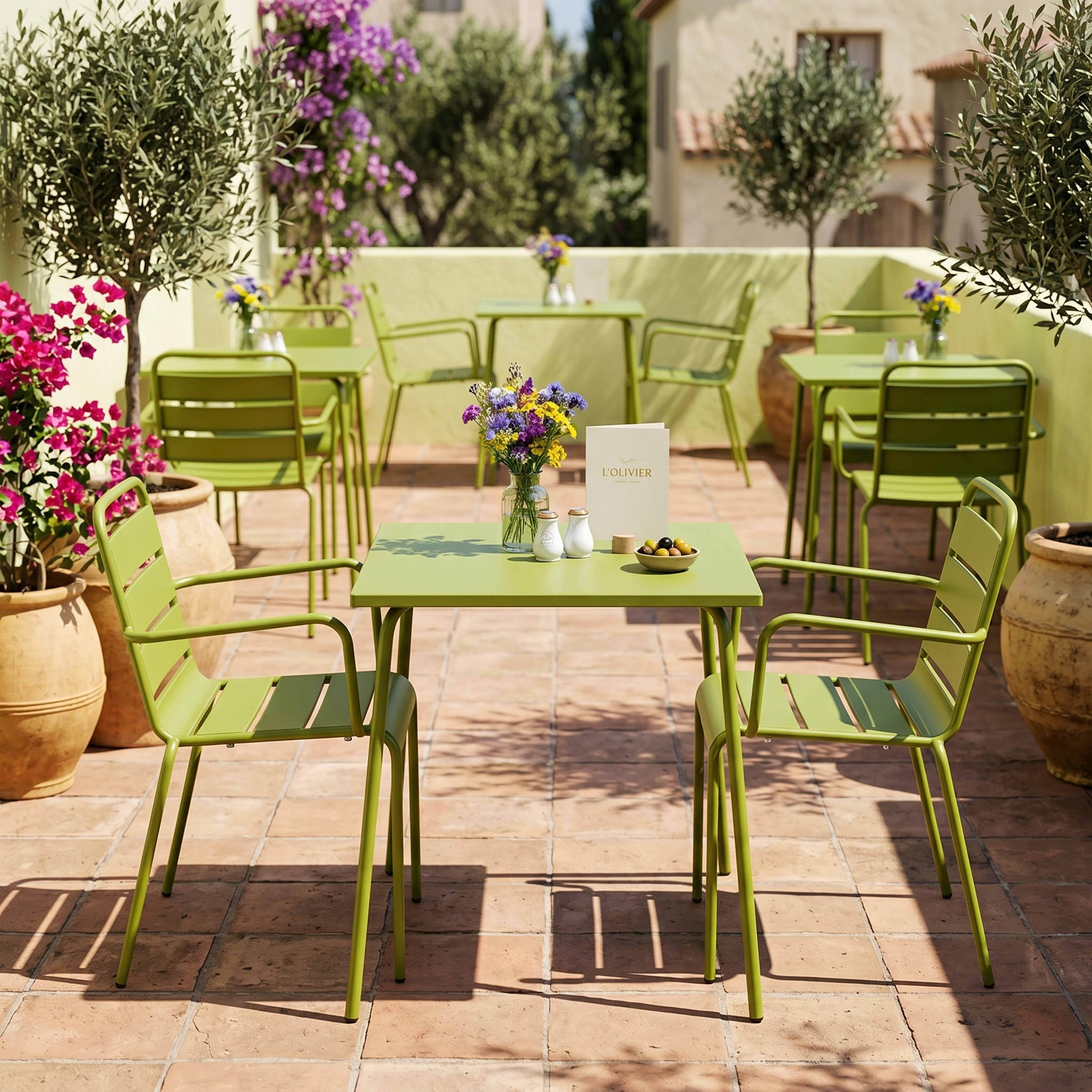 Oviala - Ensemble table de jardin carrée et 2 fauteuils acier vert Palavas - Oviala - Imagen 4