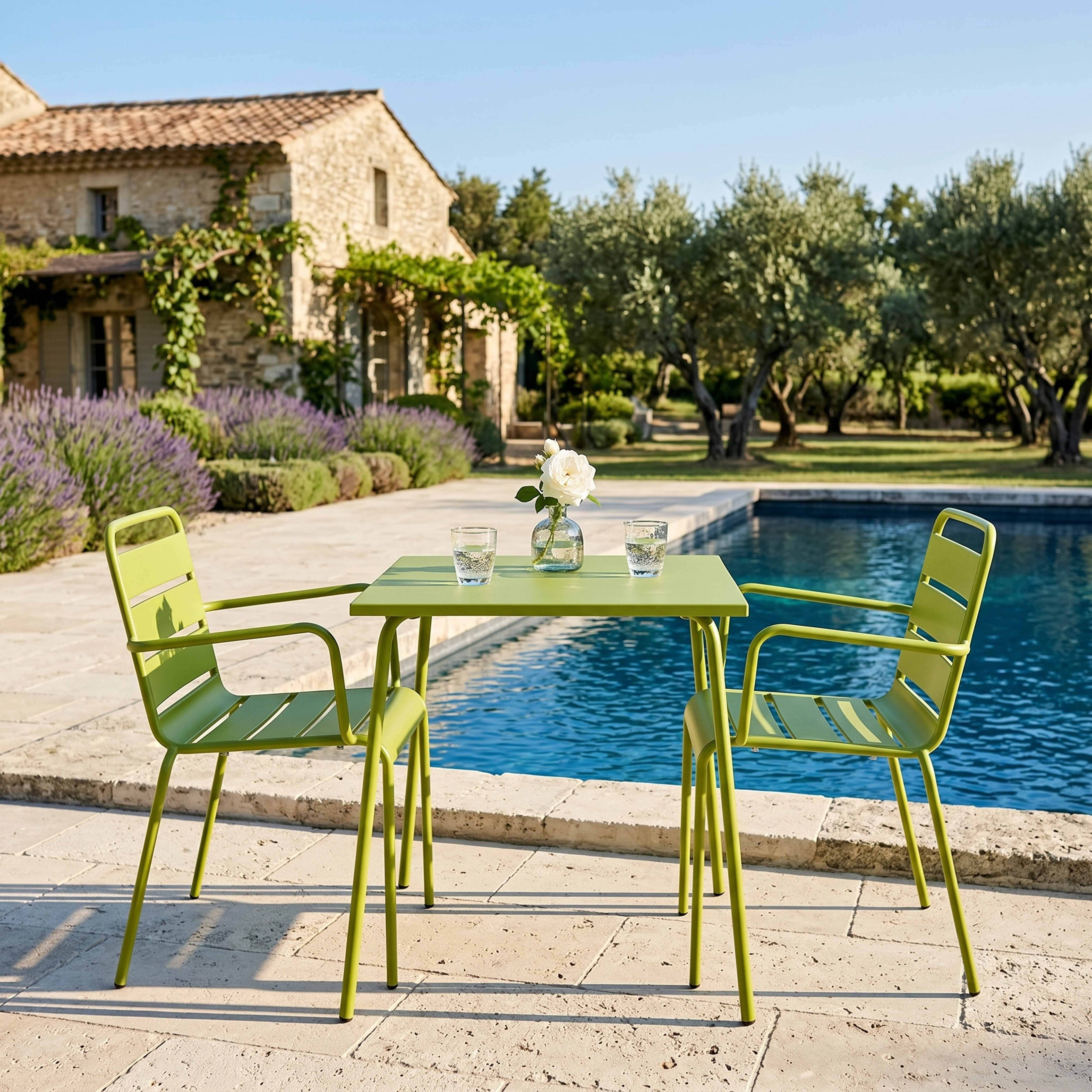 Oviala - Ensemble table de jardin carrée et 2 fauteuils acier vert Palavas - Oviala - Imagen 6