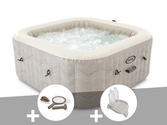 Kit spa gonflable Intex PureSpa Chevron carré Bulles 4 places + Kit d'entretien + Porte-verre