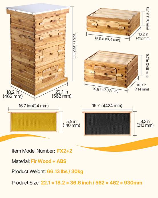 VEVOR Ruche abeilles 40 cadres, bois sapin cire d'abeille. 2 boîtes profondes, fenêtres acrylique. - Image 7