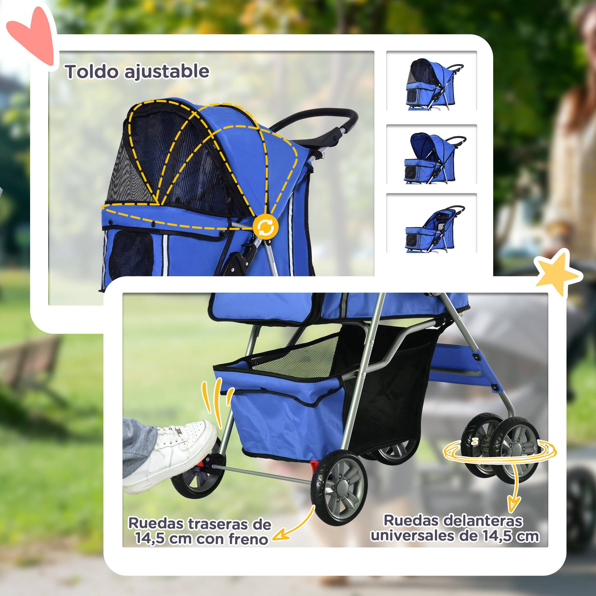 Poussette pour petit chien avec capote réglable, panier de rangement, porte-gobelet et 2 roues universelles, 75 x 45 x 97 cm, bleue - Image 8