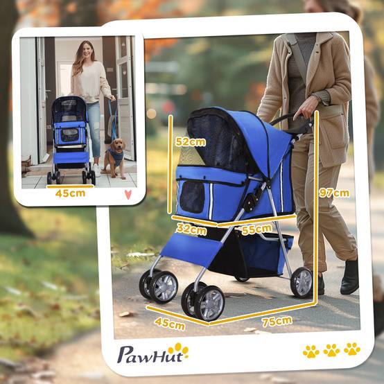 Poussette pour petit chien avec capote réglable, panier de rangement, porte-gobelet et 2 roues universelles, 75 x 45 x 97 cm, bleue - Image 5