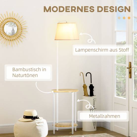Lampadaire à 2 étagères, lampe sur pied, interrupteur au pied, 40 W, culot E27, naturel et blanc - Image 7